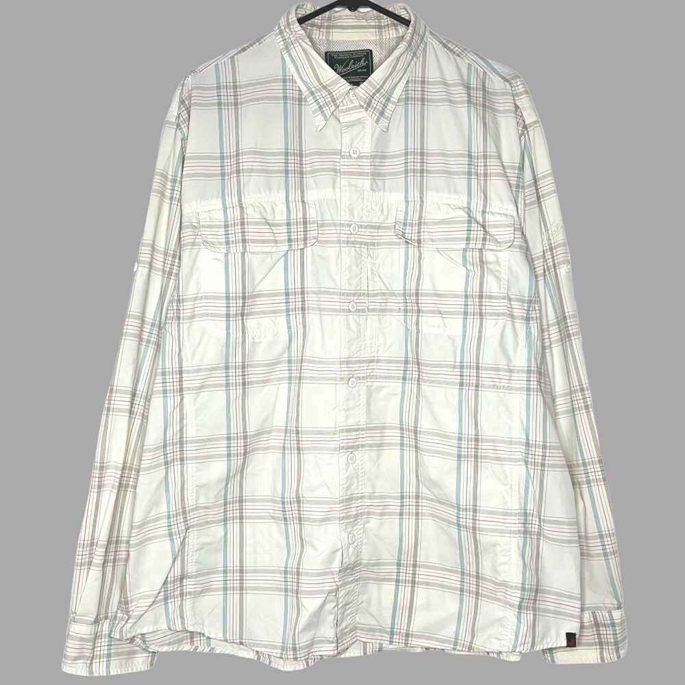 Woolrich Men Shirt XL White Nylon Plaid Roll Tab Long Sleeve Button Down Fishing